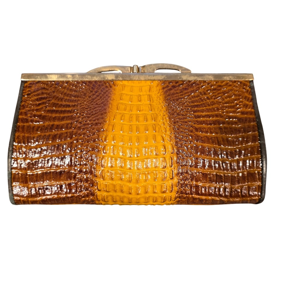 Vintage Faux Crocodile Skin Clutch Brown Mustard Yellow Kiss Lock Evening Bag
